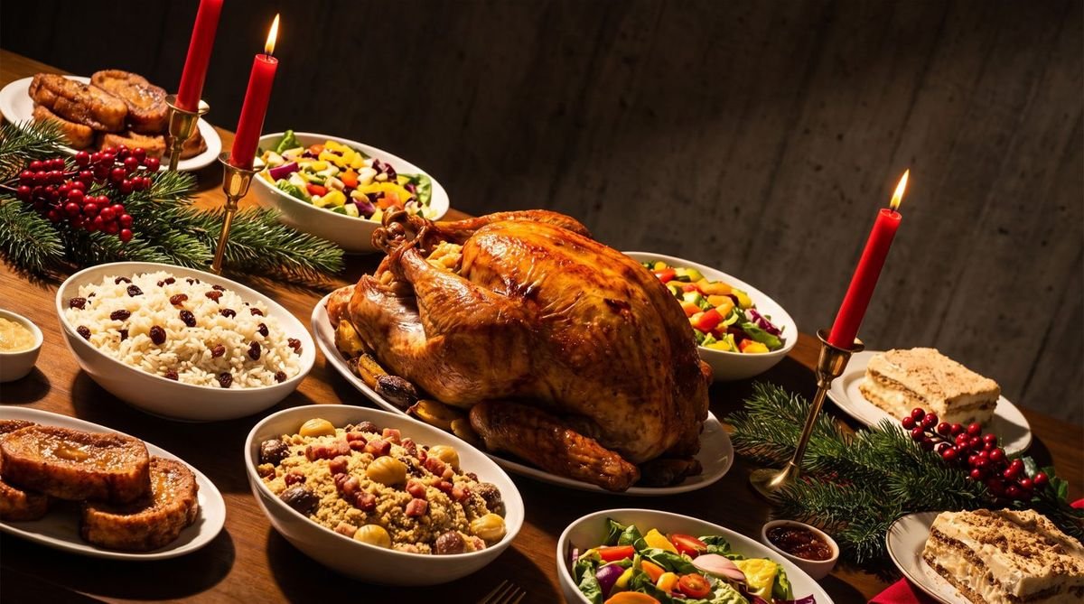 Mesa de ceia de Natal com peru, farofa, saladas e rabanadas